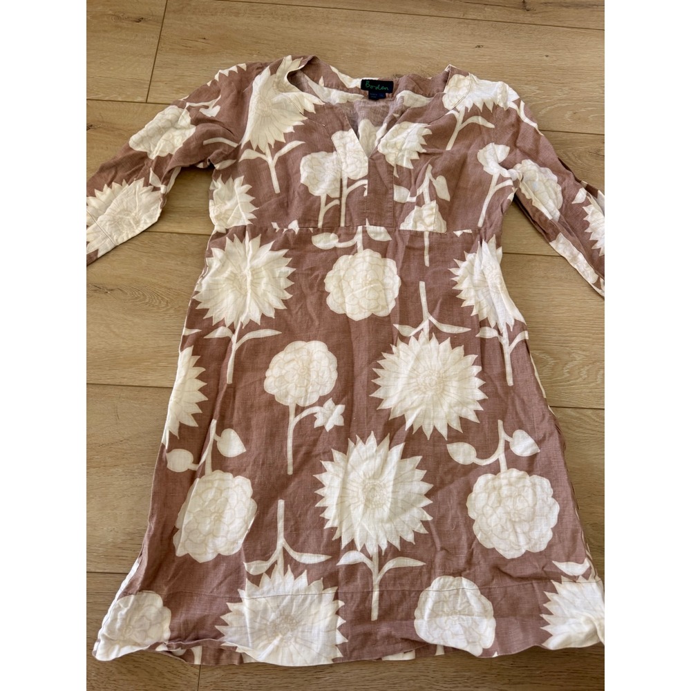 Boden Women Brown White Floral Linen V-Neck Empire Waist Dress WA223 Size 10